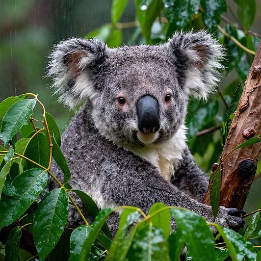 Photograph of a gray koala with white facial fur, black nose, and small, round ears, nestled in lush, green, rain-soaked