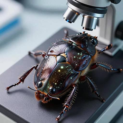 Photograph of a detailed, iridescent beetle with shiny black and green speckled exoskeleton, under a microscope with a white and black