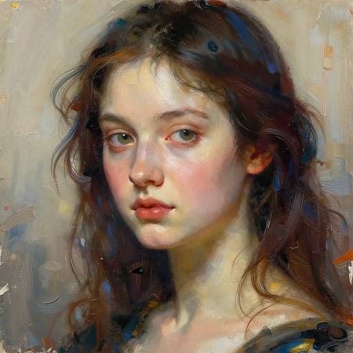Digital painting of a young girl with fair skin, large green eyes, and wavy brown hair, rendered in a realistic yet impressionistic style.