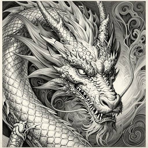 Intricate black-and-white digital drawing of a fierce, detailed dragon head with scales, horns, and swirling patterns in the background.