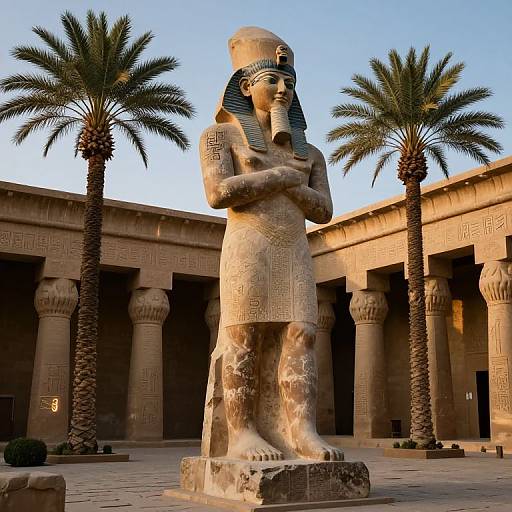 Photograph of an ancient Egyptian statue with crossed arms, wearing a striped headdress, surrounded by palm trees and a stone courtyard.