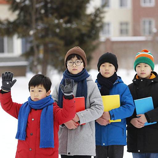 Winter Fun: Children with Books Outdoors