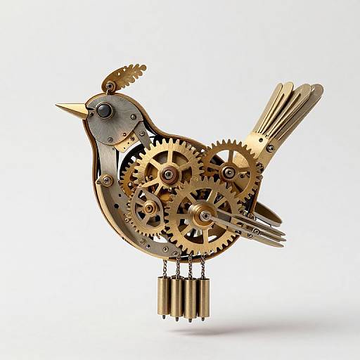 Steampunk-style bird sculpture made of interlocking brass gears, cogs, and metal components, standing on a cylindrical base, against a white background
