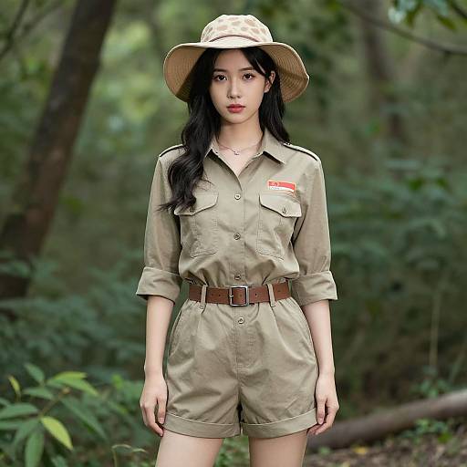 Photograph of an Asian woman with long black hair, wearing a khaki safari outfit, brown belt, and wide-brimmed hat, standing in