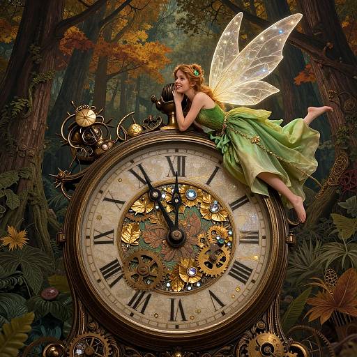 Photograph of a fairytale-style fairy with green dress and transparent wings, playfully lying on a steampunk clock in a lush forest.