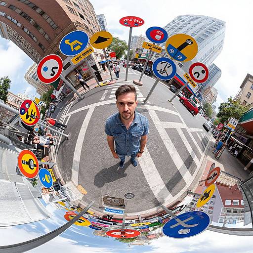 Man Amidst Vibrant Circular Road Signs