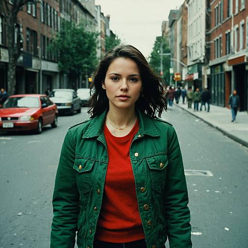 Woman in Red and Green on Street