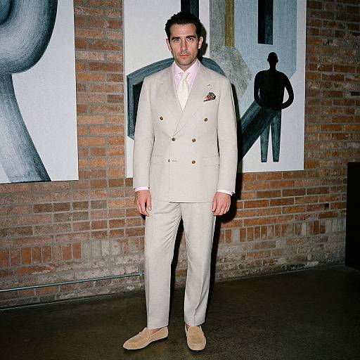 Photograph of a man with dark hair and beard, wearing a white double-breasted suit, pink shirt, and beige loafers, standing in front
