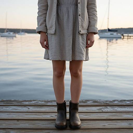 Photograph of a person standing on a wooden dock, wearing a light gray dress, beige coat, and dark brown ankle boots, with a calm waterfront