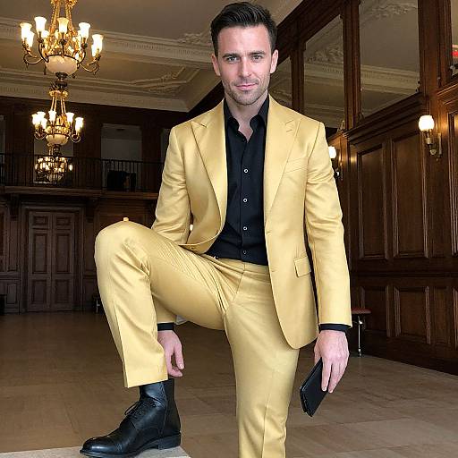 Photograph of a stylish man in a yellow suit, black shirt, and black boots, posing with one knee raised in an elegant, chandelier-l