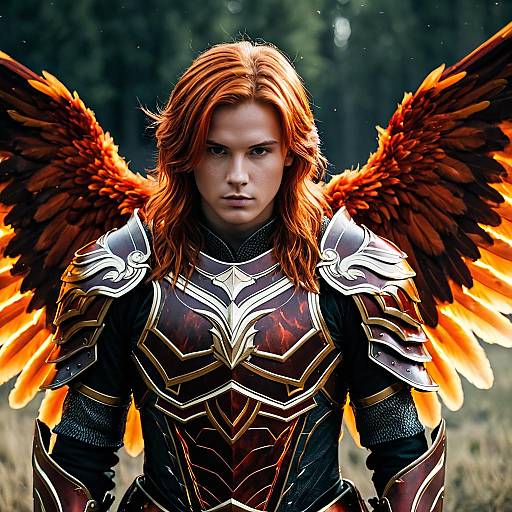 Young Man in Fire-Themed Armor with Fiery Wings
