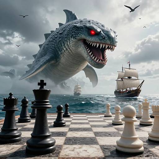 Digital artwork: A massive, gray shark with glowing red eyes leaps from the ocean, looming over a chessboard with black and white pieces, a ship