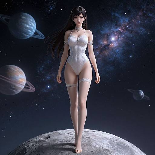 Digital art of a slender, long-haired woman in a silver, high-cut leotard and thigh-high stockings, standing on a moon, with planets