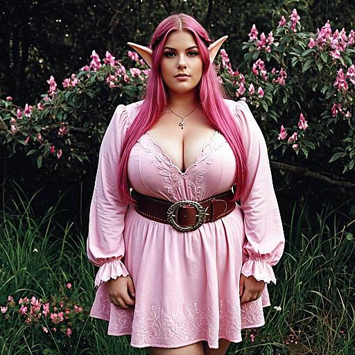 Plus Size Elf Woman with Pink Hair in Pink Dress