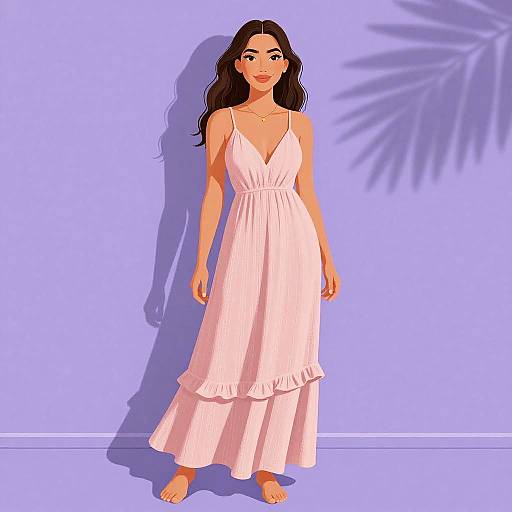 Digital illustration of a young woman with long dark hair in a white, sleeveless, ruffled dress, standing against a purple wall, casting a shadow