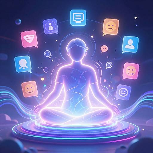 Digital neon artwork of a glowing silhouette sitting in a meditative pose, surrounded by colorful, floating app icons and speech bubbles in a dark blue, star