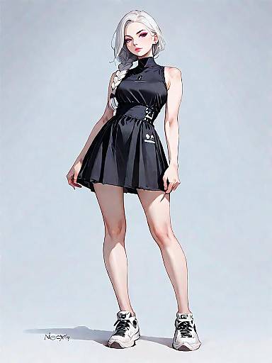 Woman in Black Sleeveless Mini Dress and White Sneakers
