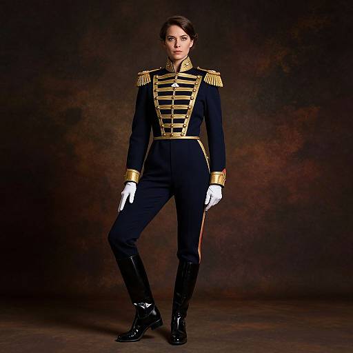 Photograph of a woman in a black military-style uniform with gold epaulettes, white gloves, and black boots, standing against a dark,