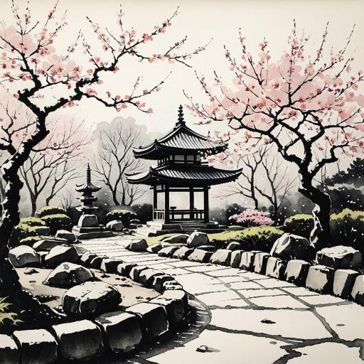 Japanese Garden with Cherry Blossoms Ink Painting