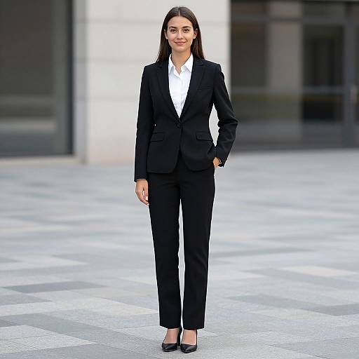 Photograph of a confident, slender woman with long brown hair, wearing a black suit, white shirt, and black shoes, standing on a modern urban