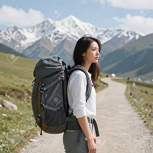 Young Woman Backpacker in Mountains