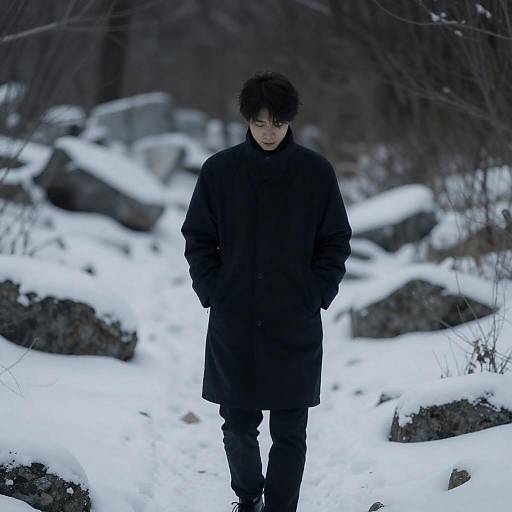 Solitary Figure in Snowy Forest Clearing