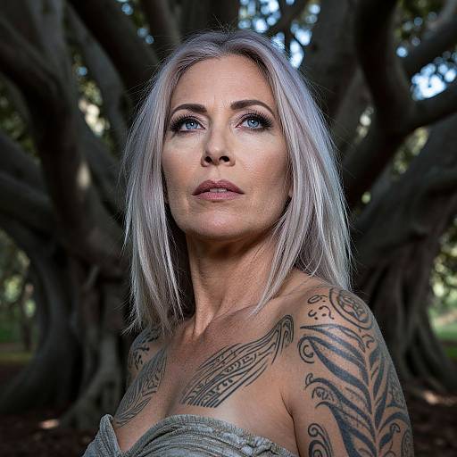 Photograph of a silver-haired, tattooed woman with blue eyes, wearing a strapless top, standing in a forest with dark tree trunks in