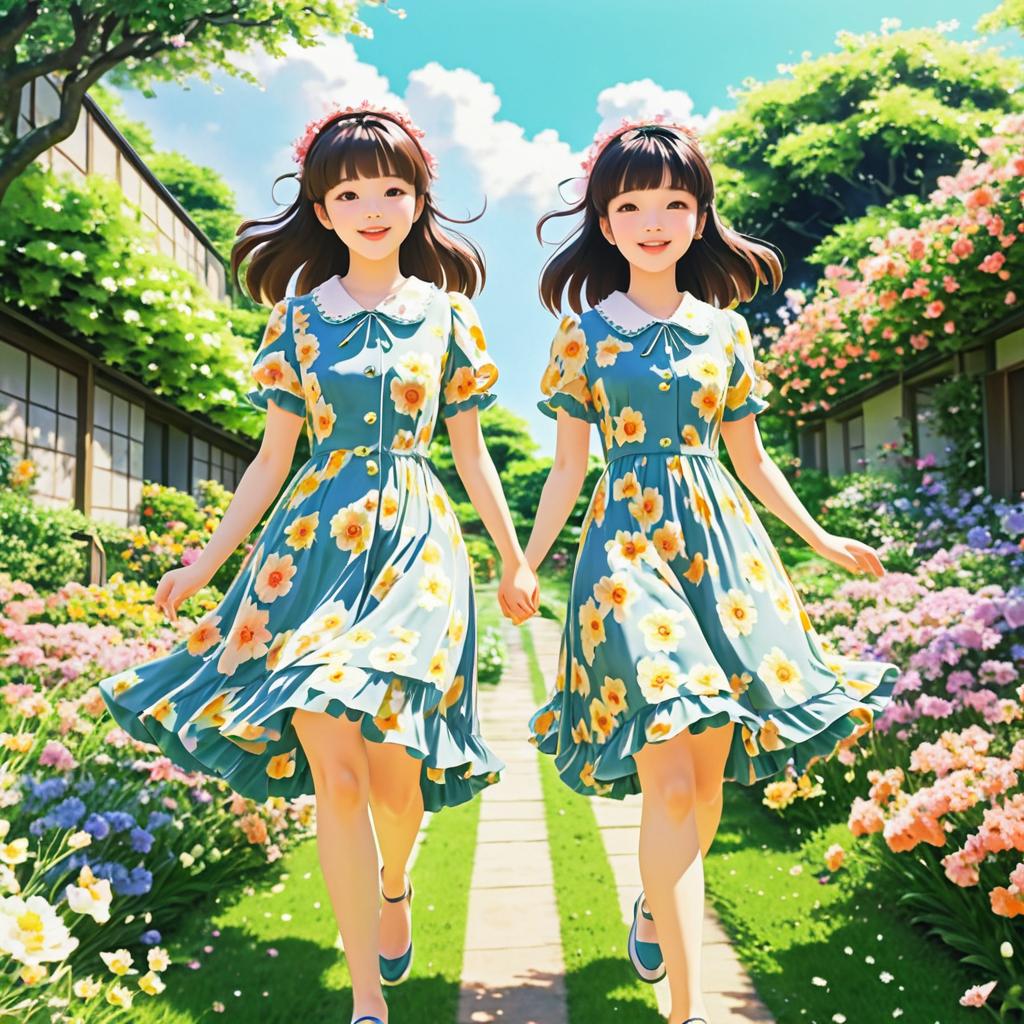 Sisters in Floral Dresses in Blooming Garden