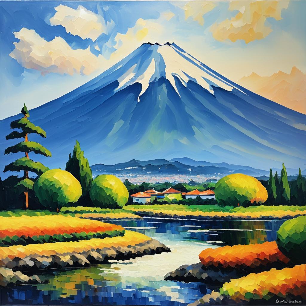 Cézanne-Inspired Oil Painting of Mount Fuji