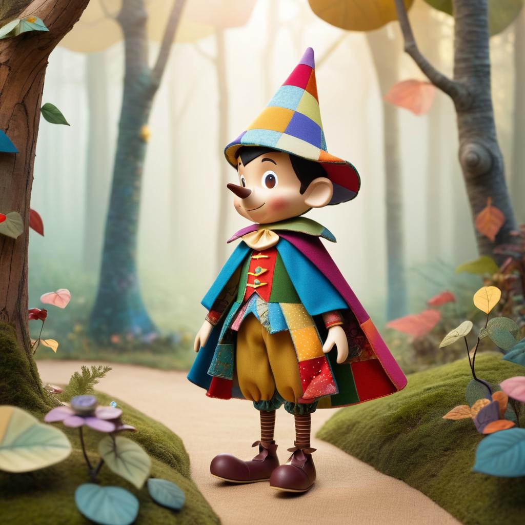 Whimsical Patchwork Pinocchio in Enchanted Forest