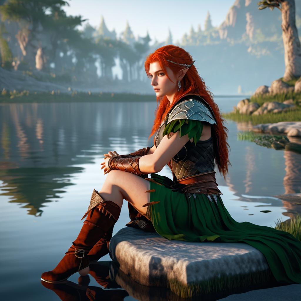 Enchanting Redhead Elf Warrior by the Lake