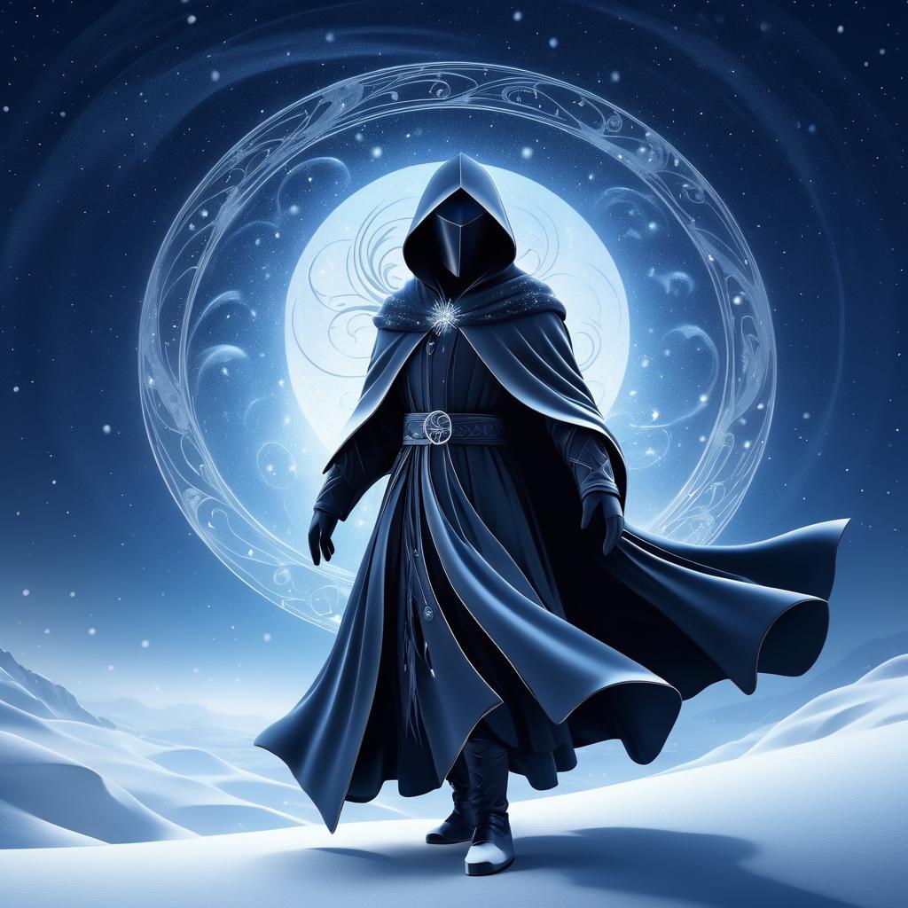 Cloaked Winter Wanderer in Snowy Landscape