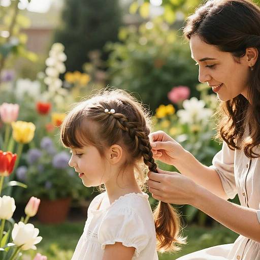 Photograph of a smiling woman with long brown hair, braiding her young daughter's hair in a sunlit garden filled with colorful tulips.