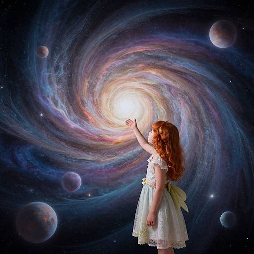 Photograph-like digital art: Red-haired girl in white lace dress reaches towards glowing, colorful spiral galaxy in cosmic night sky. Planets float in background