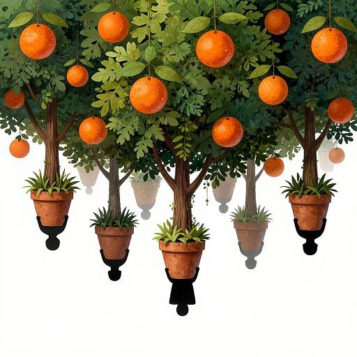 Illustration of orange trees with lush green leaves, hanging terracotta pots, and vibrant orange fruits, set against a white background.