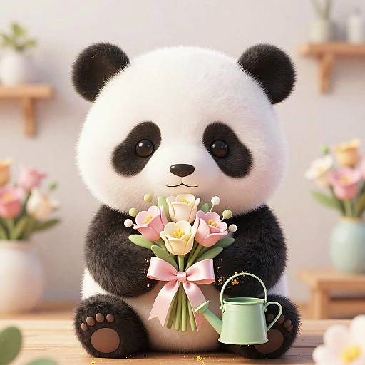 Kawaii Panda Florist with Pastel Bouquets