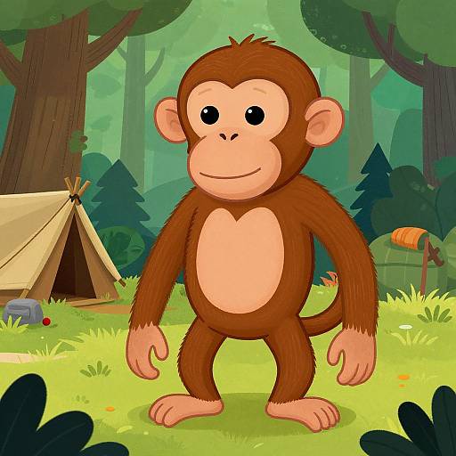 Cartoon-style drawing of a cute, smiling brown monkey standing in a vibrant forest campsite with a tent, trees, and grass.