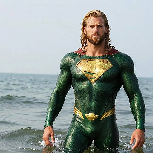 Muscular Superhero in Green and Gold Suit Standing in Ocean