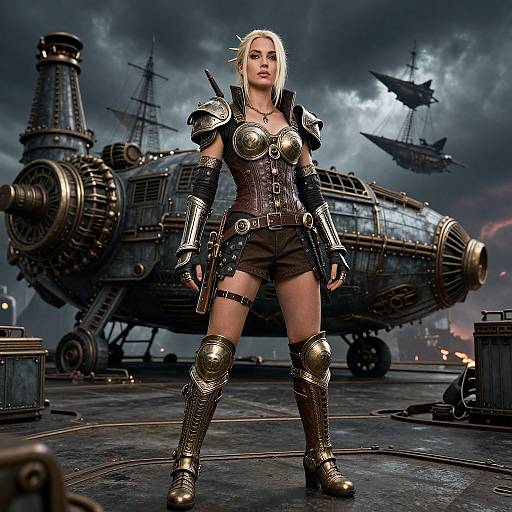 Digital artwork of a blonde, armored warrior with silver breastplate, brown shorts, and boots, standing on an industrial ship deck with a steampunk