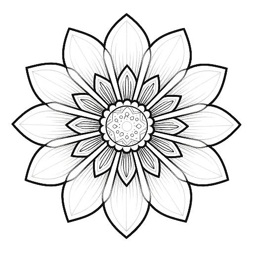 Black and white line drawing of a detailed, symmetrical flower with multiple layered petals and a textured central circle.