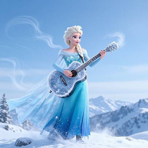 Digital artwork of Elsa from Frozen playing an electric guitar in a snowy mountain landscape, her icy blue dress and hair flowing.