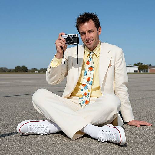 Photograph of a smiling man in a white suit, yellow floral shirt, and white sneakers, sitting cross-legged on pavement, holding a vintage camera.