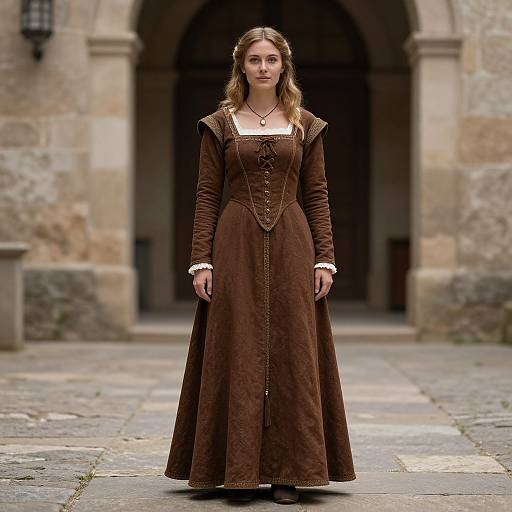 Photograph of a young woman in a brown medieval-style gown with long sleeves and lace trim, standing in a stone courtyard.