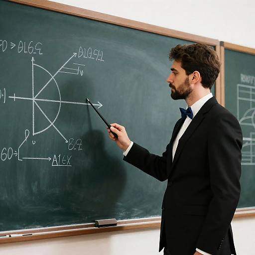 Focused Man in Suit with Chalkboard