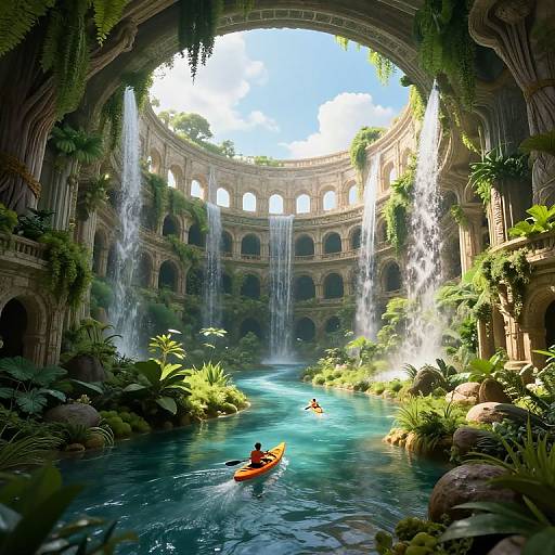 Digital art: A serene, sunlit, ancient Roman-style amphitheater with lush greenery, cascading waterfalls, and a turquoise river.