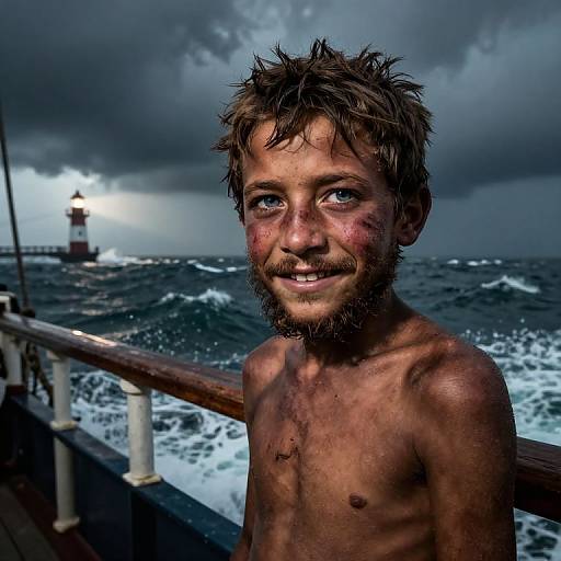 Photograph of a shirtless, dirty, smiling young boy with wet, tousled hair, standing on a stormy sea pier with a lighthouse
