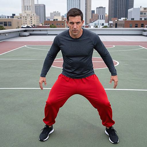 Photograph of a muscular man with short dark hair, wearing a black long-sleeve shirt and red pants, standing in a wide stance on a