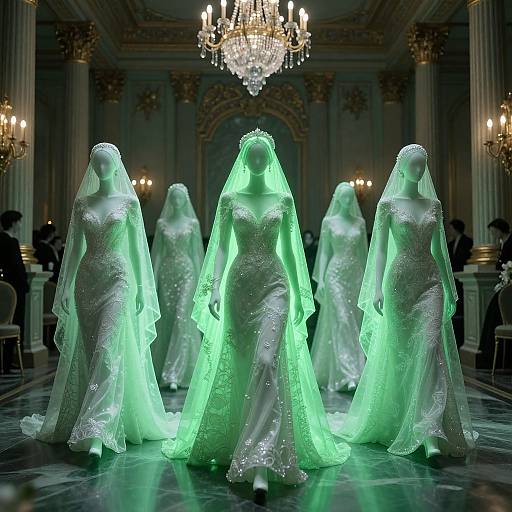 Photograph of five glowing green mannequins in luminous, white, beaded wedding dresses with veils, standing in an opulent ball
