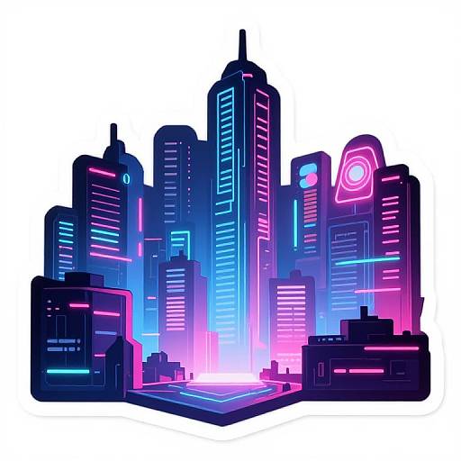 Digital illustration of a neon-lit, futuristic cityscape with towering skyscrapers in blue, pink, and purple hues, glowing against a white background