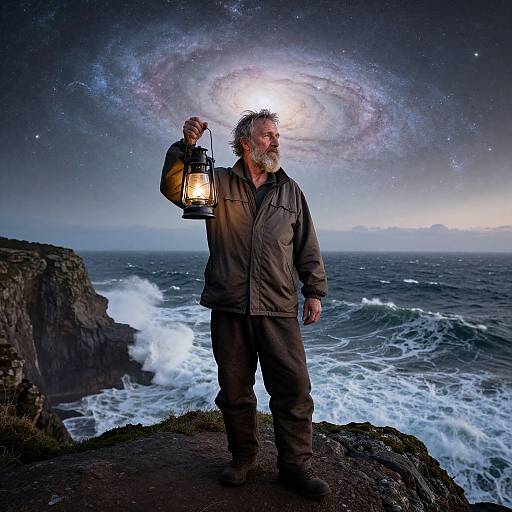 A bearded older man with gray hair holds a lantern, standing on a rocky cliff at night, with a starry, galaxy-filled sky and ocean